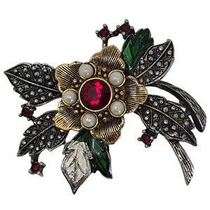 Vintage Avon Flower Brooch Red Rhinestone Faux Pearl Signed